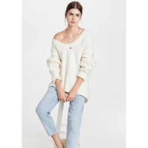 Free People Ivory Cable Knit Drop Shoulder Hi-Lo Oversized Pullover Sz X…